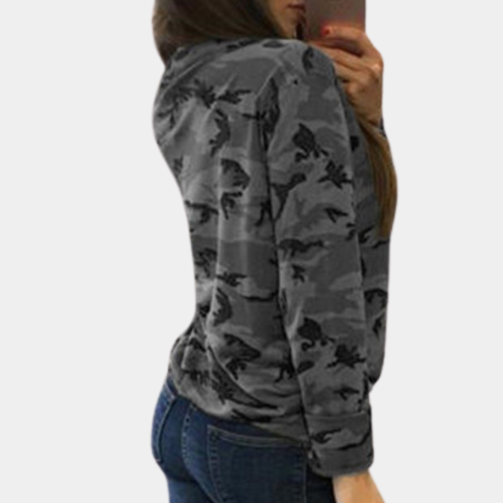 Sidonia - Modig Stil Camouflage-Sweatshirt med Dyb Halsudskæring